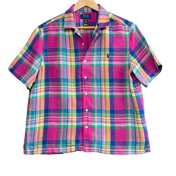 POLO RALPH LAUREN Women’s XL Linen Madras Plaid Short Sleeve Classic Preppy - Picture 1 of 8